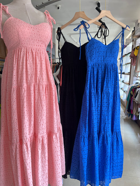 Summer Embroidered Patchwork Spaghetti Straps Flounce Long Dresses